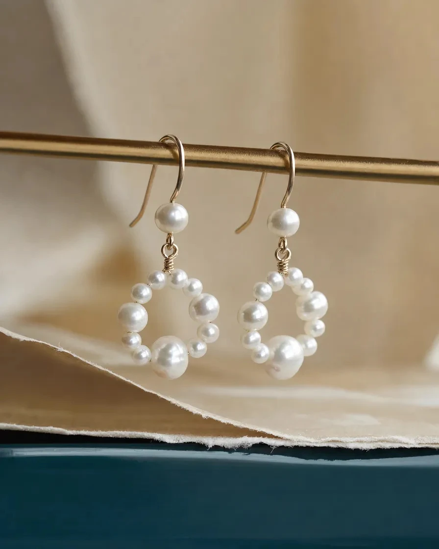 Editorial still life of the AERIN freshwater pearl hoop dangle earrings suspended above warm parchment and deep teal