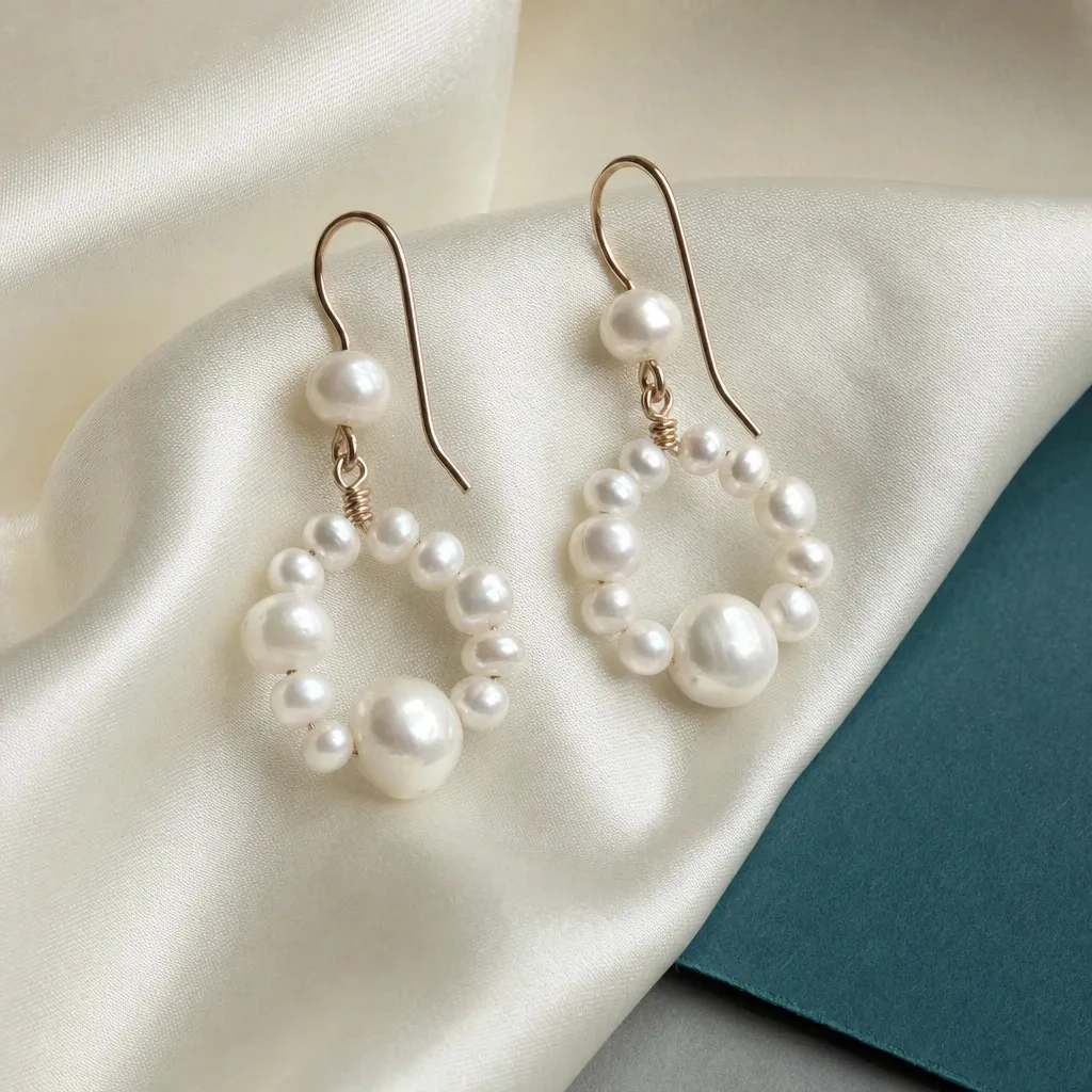Archival macro study of AERIN earrings on cream silk with a narrow deep teal paper edge