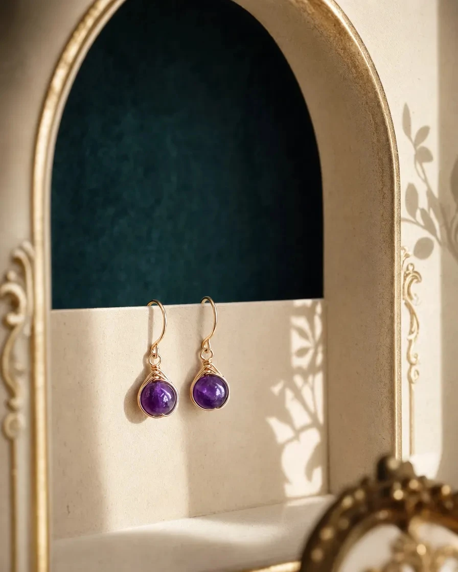A pair of wire-wrapped natural amethyst dangle earrings arranged in a tall cream arch against deep teal velvet.