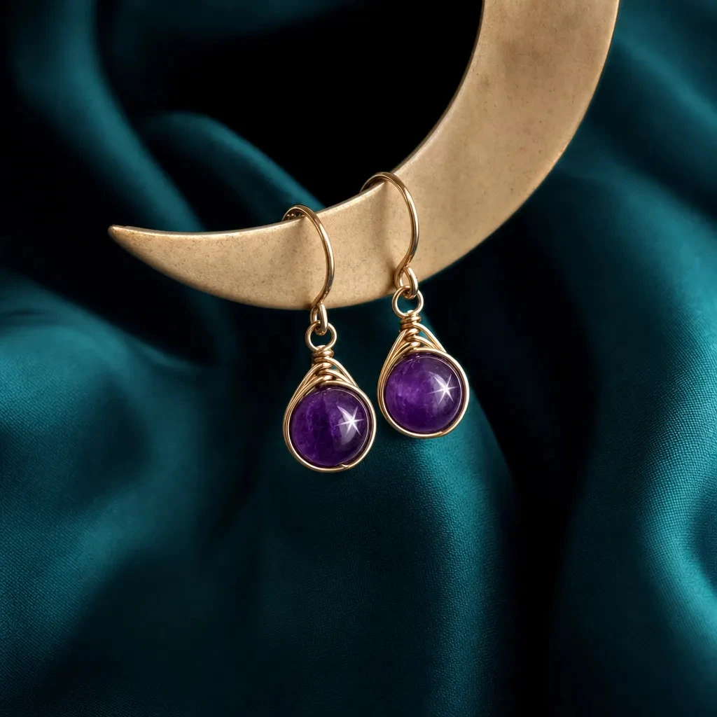 The exact pair of amethyst dangle earrings resting on folded deep teal silk in warm directional light.